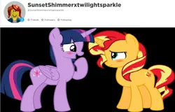 Size: 1024x656 | Tagged: safe, derpibooru import, sunset shimmer, twilight sparkle, twilight sparkle (alicorn), alicorn, avatar, bacon hair, blushing, female, image, lesbian, no pony, png, roblox, shipping, simple background, solo, sunsetsparkle