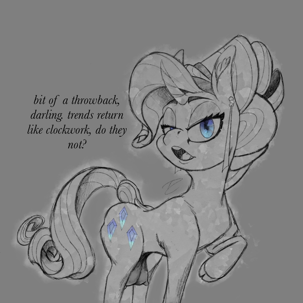 Size: 1216x1216 | Tagged: questionable, artist:dant, derpibooru import, rarity, crystal pony, unicorn, alternate hairstyle, cloven hooves, crotchboobs, curved horn, cutie mark, derpibooru exclusive, ear fluff, eyebrows, eyelashes, glow, gray background, horn, image, looking at you, monochrome, nudity, open mouth, partial color, png, raised hoof, simple background, solo, talking to viewer, teats, teeth, text, the crystal empire 10th anniversary, udder