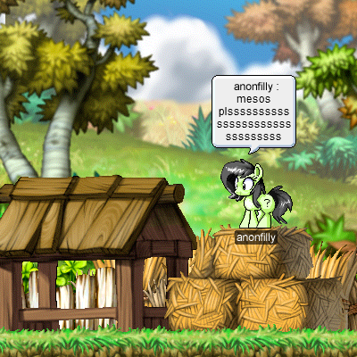 Size: 400x400 | Tagged: safe, artist:yidwags, derpibooru import, oc, oc:anonfilly, unofficial characters only, pony, dialogue, female, filly, hay bale, image, maplestory, pixel art, png, speech bubble, tree