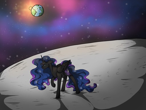 Size: 512x384 | Tagged: safe, artist:binibean, derpibooru import, nightmare moon, alicorn, pony, banishment, earth, female, image, jpeg, moon, solo