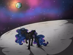 Size: 512x384 | Tagged: safe, artist:binibean, derpibooru import, nightmare moon, alicorn, pony, banishment, earth, female, image, jpeg, moon, solo