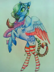 Size: 1224x1632 | Tagged: safe, artist:avroras_world, derpibooru import, oc, unofficial characters only, pegasus, pony, clothes, colored wings, hair over one eye, image, jpeg, pegasus oc, rearing, scarf, smiling, socks, solo, striped socks, traditional art, two toned wings, wings