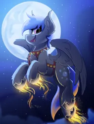 Size: 1900x2500 | Tagged: safe, artist:starcasteclipse, derpibooru import, oc, unofficial characters only, pegasus, pony, commission, female, flying, glow, glowing hooves, image, jingle bells, mare, moon, night, png, smiling, solo, ych result