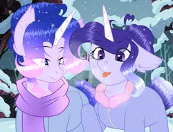 Size: 800x611 | Tagged: safe, artist:existencecosmos188, derpibooru import, oc, oc:existence, unofficial characters only, pony, :p, clothes, deviantart watermark, duo, ethereal mane, forest, image, jpeg, obtrusive watermark, outdoors, scarf, snow, starry mane, tongue out, tree, watermark