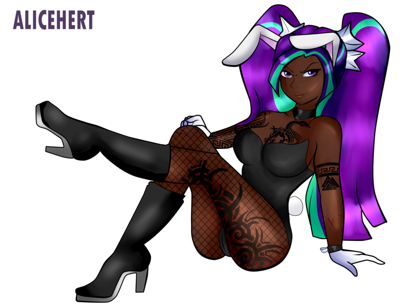 Size: 4096x3072 | Tagged: suggestive, artist:alicehert, derpibooru import, aria blaze, human, ariabetes, ass, bedroom eyes, blushing, boots, breasts, bunny ears, bunny suit, butt, choker, clothes, commission, corset, cute, dark skin, eye scar, eyebrow piercing, facial scar, female, fishnets, gloves, high heel boots, humanized, image, nose piercing, piercing, playboy, playboy bunny, png, scar, shoes, simple background, sitting, socks, solo, solo female, stockings, tattoo, thigh highs, transparent background, ych result