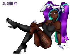 Size: 4096x3072 | Tagged: suggestive, artist:alicehert, derpibooru import, aria blaze, human, ariabetes, ass, bedroom eyes, blushing, boots, breasts, bunny ears, bunny suit, butt, choker, clothes, commission, corset, cute, dark skin, eye scar, eyebrow piercing, facial scar, female, fishnets, gloves, high heel boots, humanized, image, nose piercing, piercing, playboy, playboy bunny, png, scar, shoes, simple background, sitting, socks, solo, solo female, stockings, tattoo, thigh highs, transparent background, ych result