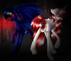 Size: 2654x2259 | Tagged: grimdark, artist:aquasky987, derpibooru import, oc, unofficial characters only, pegasus, pony, unicorn, blood, collaboration, duo, glow, glowing eyes, horn, image, pegasus oc, png, unicorn oc, wings