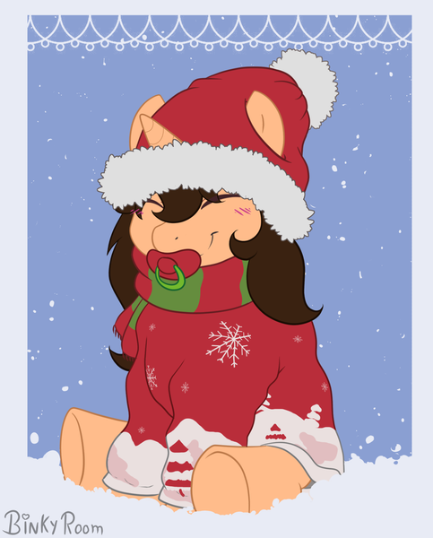 Size: 1208x1500 | Tagged: safe, artist:binkyroom, derpibooru import, oc, unofficial characters only, pony, unicorn, babyfur, blushing, christmas, clothes, commission, cute, female, feral, hat, holiday, image, pacifier, png, santa hat, scarf, snow, snowflake, solo, winter, winter outfit, ych result