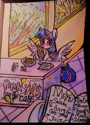 Size: 774x1070 | Tagged: safe, artist:polyblank, artist:ppoollyybbllannkk, derpibooru import, twilight sparkle, twilight sparkle (alicorn), alicorn, pony, cafe, food, image, jpeg, menu, milkshake, offscreen character, pov, solo focus, spread wings, traditional art, wings