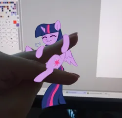 Size: 780x750 | Tagged: safe, artist:polyblank, artist:ppoollyybbllannkk, derpibooru import, twilight sparkle, twilight sparkle (alicorn), alicorn, human, pony, clinging, computer screen, eyes closed, hand, human and pony, image, irl, irl human, jpeg, monitor, photo, solo focus, tiny, tiny ponies