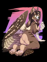 Size: 970x1280 | Tagged: suggestive, artist:hakkids2, derpibooru import, oc, unofficial characters only, anthro, digitigrade anthro, gryphon, ass, beak, bird tail, breasts, butt, eared griffon, ears, female, griffon oc, hips, image, jpeg, looking at you, looking back, looking back at you, nudity, paw pads, paws, pinup, pose, sideboob, smiling, solo, spread wings, tail, thighs, toe beans, underpaw, wings