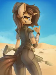 Size: 1328x1794 | Tagged: safe, artist:anti1mozg, derpibooru import, oc, unofficial characters only, anthro, unicorn, ass, butt, gun, image, jpeg, solo, weapon