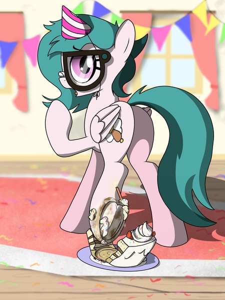 Size: 3000x4000 | Tagged: safe, artist:flaremoon, derpibooru import, oc, oc:hazy breeze, pegasus, pony, butt, cake, female, fetish, food, frog (hoof), glasses, hat, hoof fetish, hoofbutt, image, jpeg, looking at you, mare, party, party hat, plot, raised hoof, solo, stepping on something, underhoof