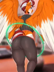 Size: 964x1280 | Tagged: suggestive, artist:cextraboy, derpibooru import, oc, oc:eleftheria, unofficial characters only, anthro, pegasus, clothes, commission, female, gym, image, jpeg, leggings, loop-de-hoop, muscles, muscular female, signature, solo, solo female, sports bra, spread wings, wings, ych result