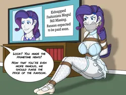 Size: 1280x960 | Tagged: suggestive, artist:tennistrev5593, derpibooru import, rarity, equestria girls, angry, arm behind back, bondage, bound, bound and gagged, breasts, busty rarity, clothes, commission, damsel in distress, female, femsub, fetish, fishnets, gag, image, indoors, jpeg, kidnapped, legs together, news, older, older rarity, panties, rarisub, rope, rope bondage, scowl, shoes, sitting on floor, socks, solo, solo female, stockings, submissive, tape, tape gag, television, thigh highs, tied up, underwear