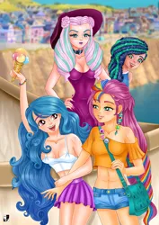 Size: 1000x1414 | Tagged: suggestive, artist:lord--opal, derpibooru import, izzy moonbow, opaline, sunny starscout, human, g5, my little pony: make your mark, my little pony: make your mark chapter 2, spoiler:g5, spoiler:my little pony: make your mark, breasts, busty izzy moonbow, busty opaline, choker, clothes, denim, denim shorts, dress, female, hand on hip, hat, humanized, ice cream cone, image, jpeg, maretime bay, midriff, misty brightdawn, off shoulder, shorts, signature, skirt, smiling, sun hat, tanktop