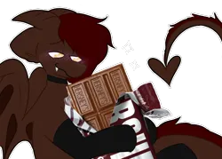 Size: 700x500 | Tagged: safe, artist:puppie, derpibooru import, oc, oc:whiskey dreams, unofficial characters only, demon, demon pony, original species, pony, chocolate, chocolate bar, food, image, png, solo