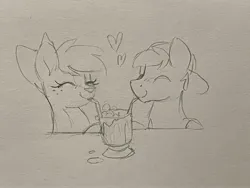 Size: 2048x1536 | Tagged: safe, artist:selenophile, derpibooru import, oc, unofficial characters only, deer, pony, duo, eyes closed, heart, image, jpeg, sharing a drink, sketch, traditional art