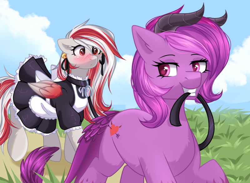 Size: 1469x1075 | Tagged: safe, artist:freyamilk, derpibooru import, oc, oc:lynn, oc:skyshard melody, unofficial characters only, hybrid, pegasus, pony, bell, blushing, clothes, cloud, collar, colorful, commission, cowbell, duo, female, grass, happy, horn, horns, image, leash, maid, maid headdress, mare, nature, outdoors, owned, park, pet, pet play, png, purple eyes, purple fur, red eyes, red hair, smiling, walking, white fur, wings, your character here