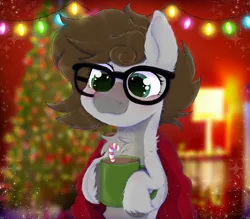 Size: 800x700 | Tagged: safe, artist:somestupidfrog, artist:somestupidphrog, derpibooru import, oc, oc:cj vampire, unofficial characters only, earth pony, pony, blanket, candy, candy cane, chocolate, christmas, christmas lights, christmas tree, food, gift art, glasses, holiday, hot chocolate, image, lights, mug, png, solo, tree, winter