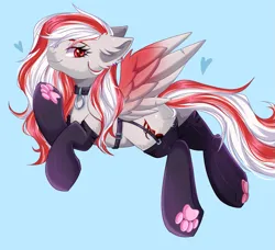 Size: 1033x942 | Tagged: safe, artist:freyamilk, derpibooru import, oc, oc:skyshard melody, pegasus, pony, black socks, clothes, collar, commission, ear fluff, fluffy, heart, image, music notes, paw pads, paw socks, png, red eyes, red hair, simple background, smiling, socks, solo, spread wings, stockings, tail, thigh highs, white fur, white mane, wings, ych result
