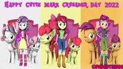 Size: 3840x2160 | Tagged: safe, artist:optimussparkle, derpibooru import, apple bloom, scootaloo, sweetie belle, earth pony, human, pegasus, pony, unicorn, equestria girls, 3d, cmc day, cutie mark crusaders, image, older, older apple bloom, older scootaloo, older sweetie belle, png, source filmmaker