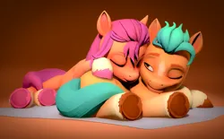 Size: 3192x1983 | Tagged: safe, artist:sfmaniaceq, derpibooru import, hitch trailblazer, sunny starscout, pony, 3d, cuddling, duo, female, g5, image, lying down, lying on top of someone, male, png, resting, shipping, sleeping, source filmmaker, straight, sunnyhitch