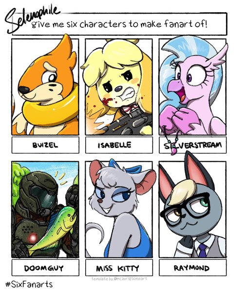 Size: 3000x3582 | Tagged: safe, artist:selenophile, derpibooru import, silverstream, hippogriff, six fanarts, animal crossing, doom, doom guy, image, isabelle, jpeg, pokémon, raymond