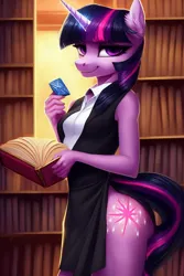 Size: 1024x1536 | Tagged: suggestive, derpibooru import, edit, editor:epsilonwolf, machine learning assisted, machine learning generated, purplesmart.ai, stable diffusion, twilight sparkle, anthro, unicorn, ass, bedroom eyes, book, bookshelf, breasts, butt, clothes, condom, cutie mark, ear fluff, female, glow, glowing horn, horn, image, library, looking at you, png, reasonably sized breasts, shirt, side slit, skirt, smiling, smiling at you, smirk, smug, solo, unicorn twilight