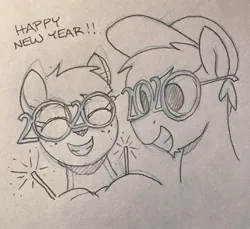 Size: 1354x1242 | Tagged: safe, artist:selenophile, derpibooru import, oc, unofficial characters only, deer, pony, duo, happy new year, holiday, image, jpeg, monochrome, novelty glasses, pencil drawing, sparkler (firework), traditional art