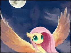 Size: 3250x2428 | Tagged: safe, artist:paintedskies, derpibooru import, fluttershy, pegasus, flying, image, jpeg, moonlight, night, oil painting, painting, simple background, traditional art