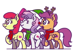 Size: 1800x1350 | Tagged: safe, artist:flutterluv, derpibooru import, apple bloom, scootaloo, sweetie belle, earth pony, pegasus, pony, unicorn, christmas, clothes, cutie mark crusaders, hat, holiday, image, png, santa hat, scarf, simple background, transparent background, trio