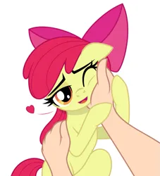 Size: 985x1085 | Tagged: safe, artist:lockerobster, derpibooru import, edit, apple bloom, earth pony, pony, adorabloom, cute, female, filly, floating heart, foal, hand, heart, image, looking at you, one eye closed, open mouth, open smile, petting, png, smiling