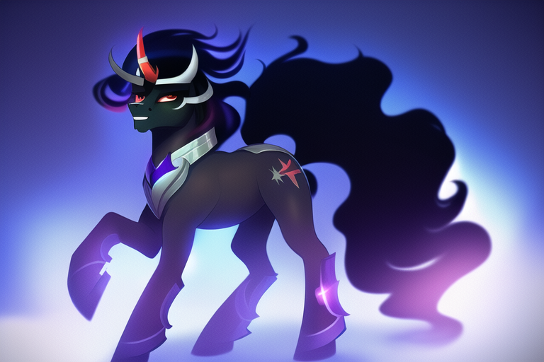 Size: 768x512 | Tagged: safe, derpibooru import, machine learning generated, king sombra, crystal pony, pony, unicorn, armor, crown, curved horn, horn, image, jewelry, male, png, regalia, stallion, the crystal empire 10th anniversary