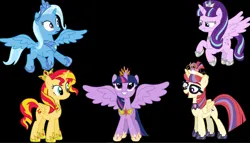 Size: 1730x990 | Tagged: safe, sunset shimmer, twilight sparkle, twilight sparkle (alicorn), alicorn, alicornified, hoof shoes, image, my little pony, png, princess starlight glimmer, princess trixie lulamoon, race swap, shimmercorn