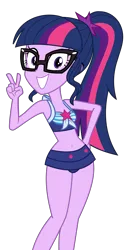 Size: 3111x5768 | Tagged: safe, artist:keronianniroro, derpibooru import, edit, vector edit, sci-twi, twilight sparkle, human, equestria girls, equestria girls series, forgotten friendship, adorasexy, adorkable, bare shoulders, belly button, bikini, clothes, cute, dork, female, front knot midriff, glasses, grin, image, looking at you, midriff, peace sign, png, ponytail, sci-twi swimsuit, sexy, simple background, sleeveless, smiling, solo, swimsuit, transparent background, twiabetes, vector