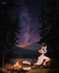 Size: 4116x5093 | Tagged: safe, artist:uliovka, derpibooru import, oc, oc:nyn indigo, oc:ospreay, unofficial characters only, hybrid, original species, timber pony, timber wolf, campfire, forest, grass, image, png, scenery, smiling, species swap, stars, tree