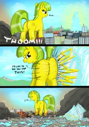 Size: 2386x3376 | Tagged: safe, artist:qkersnll, derpibooru import, oc, oc:lemon drop, unofficial characters only, pony, butt, butt bump, car, city, comic, crushing, destruction, dialogue, dock, female, image, macro, onomatopoeia, plot, png, skyscraper, solo, tail