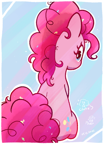 Size: 584x807 | Tagged: safe, artist:fipoki, derpibooru import, pinkie pie, earth pony, pony, aside glance, confetti in mane, female, image, looking at you, looking back, looking back at you, mare, outline, png, rear view, sideways glance, sitting, solo, sparkling mane, white outline
