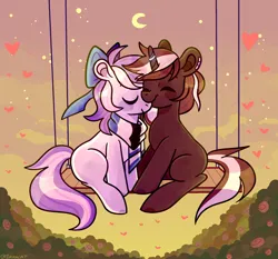Size: 2212x2064 | Tagged: safe, artist:1racat, derpibooru import, oc, earth pony, pony, unicorn, bow, clothes, commission, couple, duo, duo male and female, eyes closed, female, flower, image, in love, male, moon, oc x oc, png, rose, scarf, shipping, straight, swing, ych result