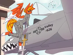 Size: 3700x2800 | Tagged: safe, artist:chapaevv, derpibooru import, oc, oc:blaze fury, anthro, pegasus, clothes, glasses, image, looking at you, male, patreon, patreon reward, pilot, plane, png, sky, solo, uniform, unmoving plaid