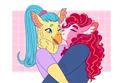 Size: 1280x847 | Tagged: safe, artist:s0ftserve, derpibooru import, pinkie pie, princess skystar, anthro, classical hippogriff, hippogriff, my little pony: the movie, clothes, female, image, kissing, lesbian, png, shipping, shirt, skypie, twitterina design