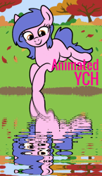 Size: 600x1035 | Tagged: safe, artist:lannielona, derpibooru import, oc, unofficial characters only, pony, advertisement, animated, autumn, commission, gif, image, reflection, river, solo, water, your character here