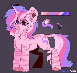 Size: 1894x1800 | Tagged: safe, artist:ghastlyexists, derpibooru import, oc, oc:wisteria radiance, unofficial characters only, hybrid, pony, unicorn, zebra, zony, fallout equestria, ashes town, chest fluff, cutie mark, ear fluff, eyebrows, eyelashes, female, image, long tail, looking at you, mare, png, reference sheet, short mane, signature, simple background, smiling, smiling at you, solo, standing, stripes, tail, unshorn fetlocks, watermark, zonicorn