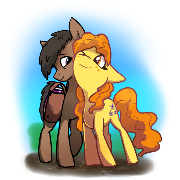 Size: 2048x2048 | Tagged: safe, artist:pfeffaroo, derpibooru import, oc, oc:amber heart, unofficial characters only, earth pony, bag, black mane, blushing, brown coat, couple, cutie mark, earth, flower, food, image, jam, nuzzling, one eye closed, orange eyes, orange mane, png, purple eyes, saddle bag, simple background, smiling, wavy mane, yellow coat