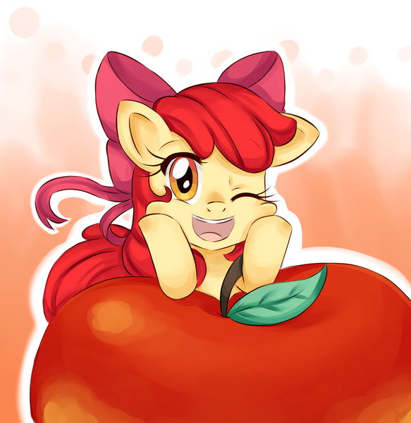 Size: 2800x2880 | Tagged: safe, artist:lucy-tan, derpibooru import, apple bloom, earth pony, pony, adorabloom, apple, cute, female, filly, foal, food, giant apple, happy, hooves on cheeks, image, jpeg, looking at you, one eye closed, open mouth, solo