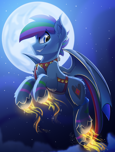 Size: 1900x2500 | Tagged: safe, artist:starcasteclipse, derpibooru import, oc, unofficial characters only, bat pony, pony, commission, flying, image, male, moon, png, smiling, stallion, your character here