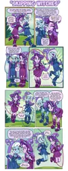 Size: 767x1914 | Tagged: safe, artist:art-2u, derpibooru import, starlight glimmer, trixie, equestria girls, accessory swap, barrette, boots, cape, clothes, comic, dress, duo, exhausted, fall formal outfits, hat, high heel boots, image, jpeg, jump rope, jumping, matching outfits, shoes, the great and powerful, trixie's cape, trixie's hat