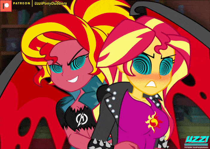 Size: 703x500 | Tagged: questionable, artist:uzzi-ponydubberx, derpibooru import, sunset shimmer, demon, human, equestria girls, animated, blushing, breasts, busty sunset shimmer, censored, commission, duo, duo female, female, femsub, gif, hypno eyes, hypnosis, hypnotized, image, mind control, patreon, patreon censored, patreon logo, submissive, subset, sunset satan, undressing