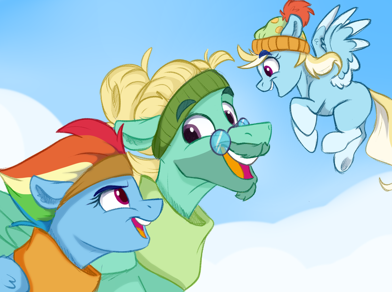 Size: 1720x1280 | Tagged: safe, derpibooru import, rainbow dash, zephyr breeze, oc, pegasus, pony, coat markings, cold, couple, facial hair, father and child, father and daughter, female, filly, foal, happy, hat, image, looking at each other, looking at someone, male, mare, mother and child, mother and daughter, next generation, offspring, older, older rainbow dash, older zephyr breeze, parent, parent:rainbow dash, parent:zephyr breeze, parents:zephdash, png, shipping, smiling, socks (coat marking), stallion, straight, trio, winter, zephdash